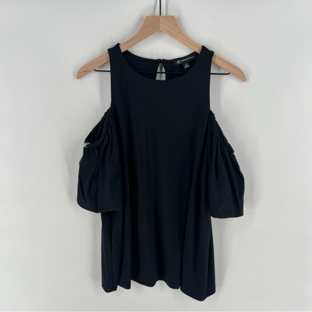 INC Black Stretch Knit Puff Sleeve Cold Shoulder Blouse‎